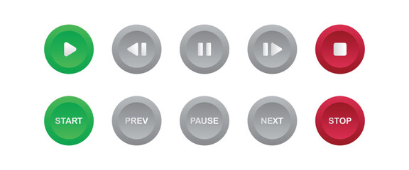 Media player button icons set. Play, start, previous, pause, next, and stop buttons.