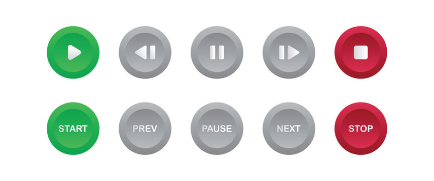 Media player button icons set. Play, start, previous, pause, next, and stop buttons.