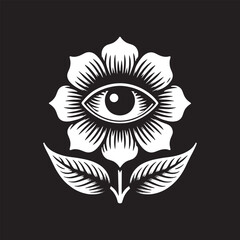 Fototapeta premium mystical flower with an eye. Black and white engraving illustration, print, emblem