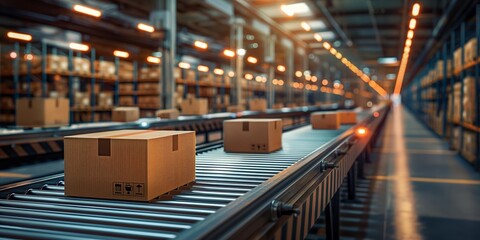 Recyclable Cardboard Box Being Transported on a Conveyor Belt in a Modern Logistics Center. Parcel is Prepared for Delivery to an Online Client. Rendered Conveyor System of a Big Retail Business