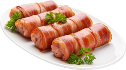 plate of bacons wrapped sausage isolated on white or transparent background,transparency 