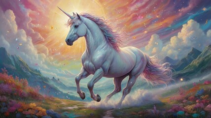 Fototapeta premium A dreamy pastel background of twinkling stars and colorful clouds. In the foreground, a majestic rhino leaps gracefully 