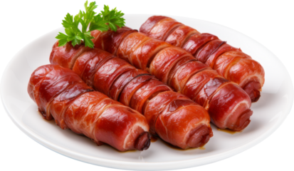 plate of bacons wrapped sausage isolated on white or transparent background,transparency 