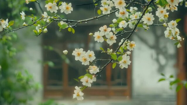 Beautiful cherry blossom during rain in asia background. Blooming plum branches. Rainy spring day, bad weather. White sakura tree park. Natural garden. Asian temple.