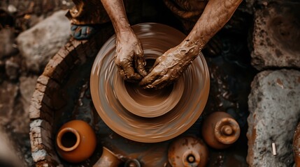 Master Potter Crafting Clay: Artisan Hands Mold Perfect Creation in Serene Studio Setting