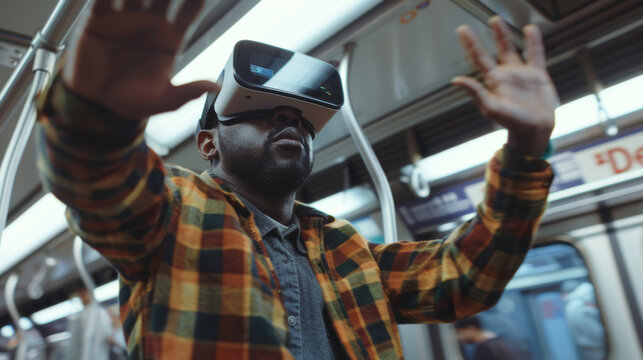 A man experiences virtual reality in a subway car, fully immersed in a different world while standing and gesturing, despite his actual surroundings.