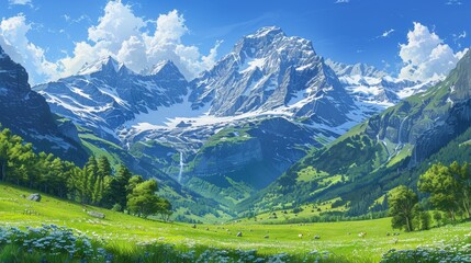 Obraz premium Alpine scene with snow-covered mountains, clear blue sky, and green valleys