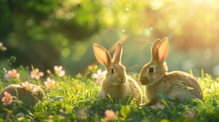 Two brown rabbits sit in a meadow, with green grass and pink flowers. The sun shines brightly on the bunnies.