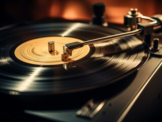 Close-up of a vintage vinyl record player with a spinning record and a warm, nostalgic ambiance in the background.