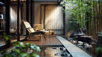 Obraz premium An inviting zen garden with wooden decking and water features offers a perfect retreat for relaxation and meditation.