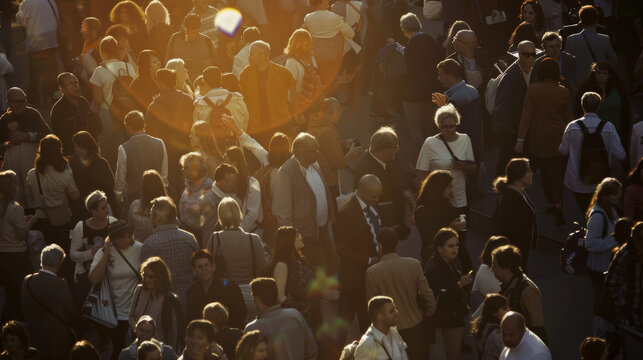 A crowd bathed in warm sunlight, capturing the vibrant and bustling atmosphere of a public gathering in the late afternoon.