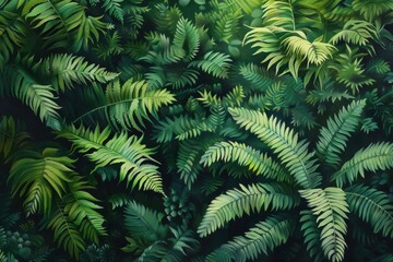 Capture a high-angle view of a lush, vibrant fern in a forest setting, emphasizing intricate details and rich green tones, ideal for a digital illustration,