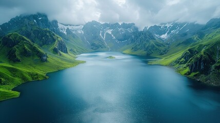 Fototapeta premium Aerial perspective of the serene Saiful Muluk Lake surrounded by mountains
