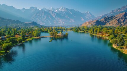 Aerial shot of the beautiful Shangrila Resort in Skardu