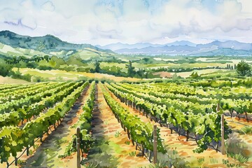 Naklejka premium Capture a mesmerizing aerial view of a lush vineyard spread in watercolor style, showcasing rows of grapevines under a clear sky,