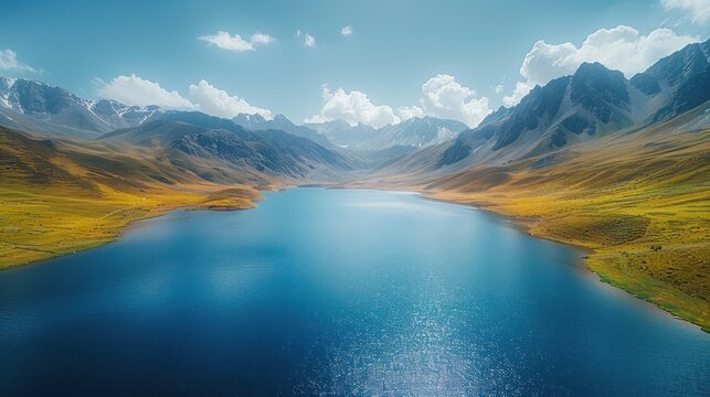 Aerial perspective of the serene Saiful Muluk Lake surrounded by mountains