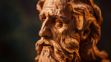 Wooden sculpture of a bearded man, highlighting the detailed carving and rich wood grain texture, reflecting skilled craftsmanship and artistic dedication.