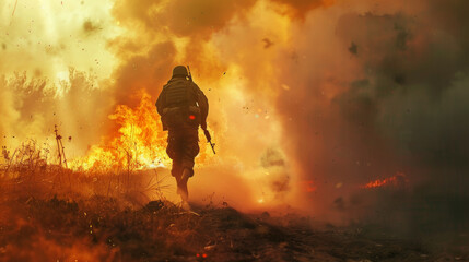 A soldier runs through an intense inferno of fire and smoke on a battlefield, embodying the peril and urgency of combat.