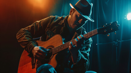 Obraz premium A solo musician passionately plays the guitar under atmospheric stage lighting, creating an intimate and soulful performance scene.