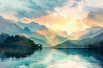 Capture a sunrise panoramic view of a lush mountain range with a serene lake below, the hues of sunrise reflecting in the water, in vibrant watercolors,