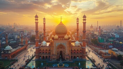 Obraz premium Overhead view of the colorful Badshahi Mosque in Lahore during sunset