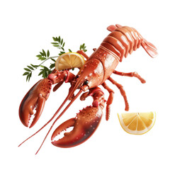 A cooked lobster with lemon wedges and parsley, isolated on a black background.