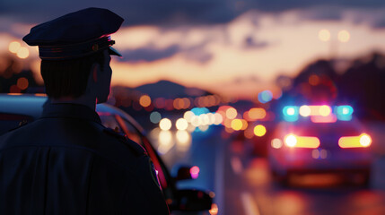 A police officer watches over a busy highway with flashing lights and traffic, capturing a moment of duty and surveillance during twilight.