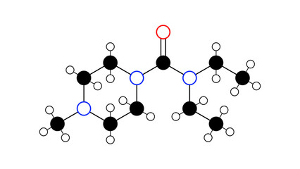 diethylcarbamazine molecule, structural chemical formula, ball-and-stick model, isolated image antiparasitic agents