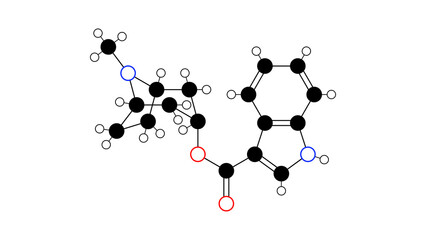 tropisetron molecule, structural chemical formula, ball-and-stick model, isolated image antiemetic agent