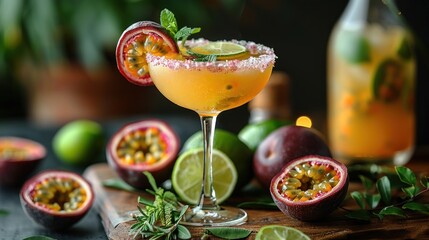 A beautifully crafted Porn Star Martini cocktail garnished with a passion fruit slice and mint, set on a wooden table surrounded by fresh passion fruits and limes