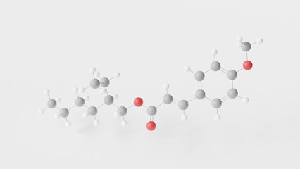 octinoxate molecule 3d, molecular structure, ball and stick model, structural chemical formula cinnamate ester