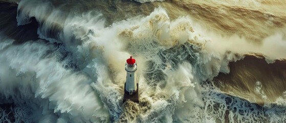 Capture an aerial view of a serene, unwavering lighthouse amidst crashing waves, under a dramatic sky Utilize photorealistic digital techniques,