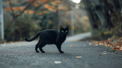 A sleek black cat stands poised on a forest path, surrounded by the autumnal colors of fallen leaves, exuding mystery and grace.