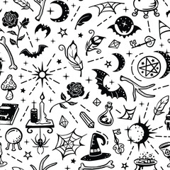 Scary and spooky black elements like bats, spiders, witch hats, symbols, moons and stars on a white background perfect for Halloween. Seamless repeated surface vector pattern design.