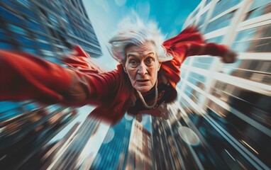 Elderly woman flying through the city as a superhero
