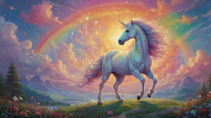 A dreamy pastel background of twinkling stars and colorful clouds. In the foreground, a majestic rhino leaps gracefully
