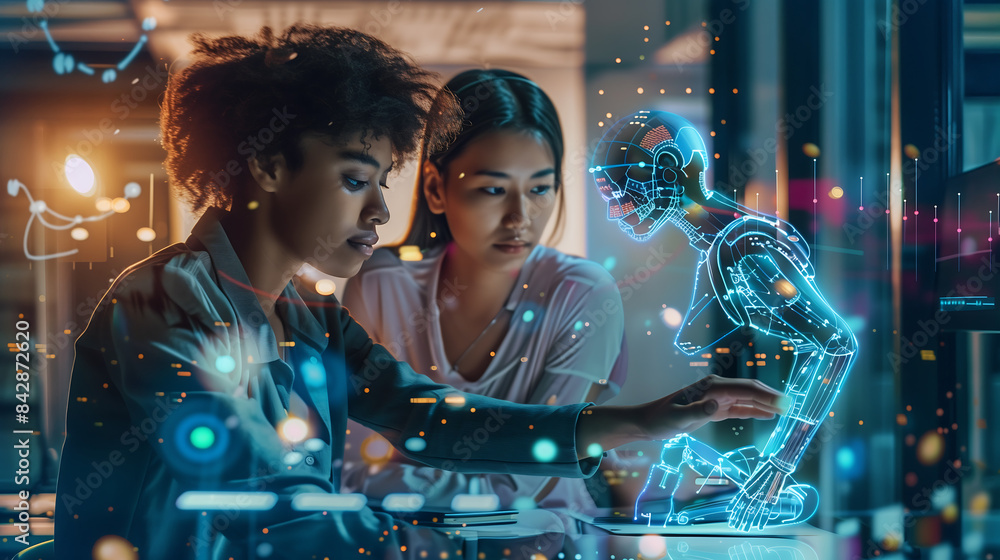 Aufkleber two women working together on an ai project at night digital holographic illustrations floating abov