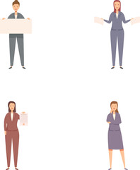 Set of four minimalistic vector graphics featuring professional business individuals in various poses