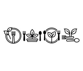 eco food vegan plate fork spoon icons symbol vector design simple black white illustration line sets