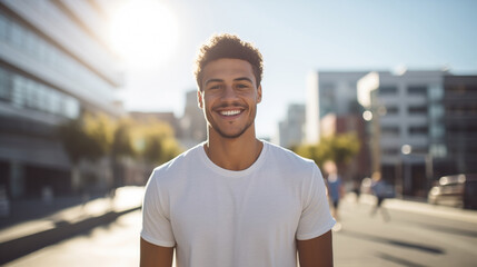Portrait of happy smiling handsome young man standing in summer sunny city, male model on the street