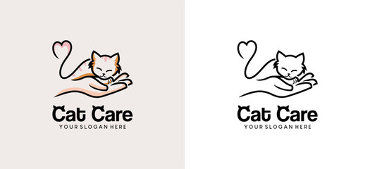 Cat pet care logo design, vector illustration of a cute sweet cat logo on a human palm