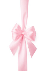 Pink satin ribbon with bow isolated on white, top view