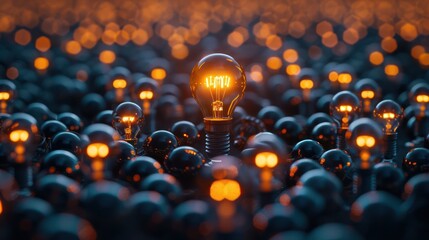 A standout light bulb glowing brightly among a crowd of dim bulbs, symbolizing innovation, creativity, and uniqueness.