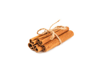 Cinnamon sticks isolated on white background. Cinnamon roll. Spicy spice for baking, desserts and drinks. Fragrant ground cinnamon.