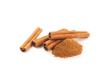 Cinnamon sticks isolated on white background. Cinnamon roll. Spicy spice for baking, desserts and drinks. Fragrant ground cinnamon.