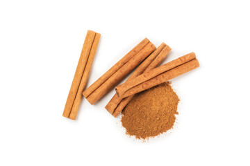 Cinnamon sticks isolated on white background. Cinnamon roll. Spicy spice for baking, desserts and drinks. Fragrant ground cinnamon.