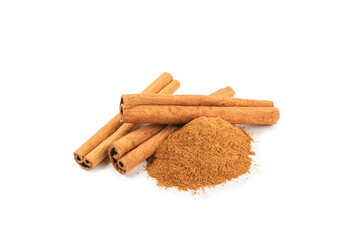 Cinnamon sticks isolated on white background. Cinnamon roll. Spicy spice for baking, desserts and drinks. Fragrant ground cinnamon.