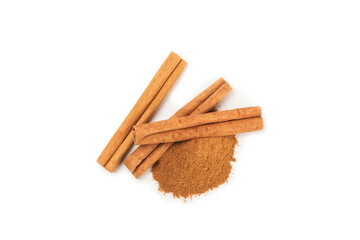 Cinnamon sticks isolated on white background. Cinnamon roll. Spicy spice for baking, desserts and drinks. Fragrant ground cinnamon.