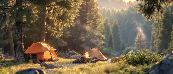 A tranquil forest campsite with tents pitched around a warm campfire, set under a golden afternoon glow.
