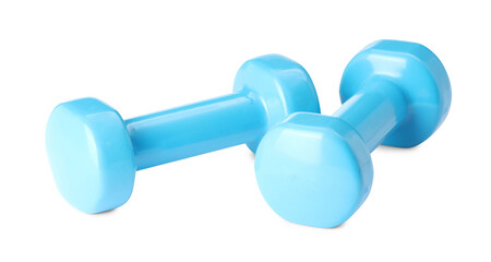 Light blue dumbbells isolated on white. Sports equipment